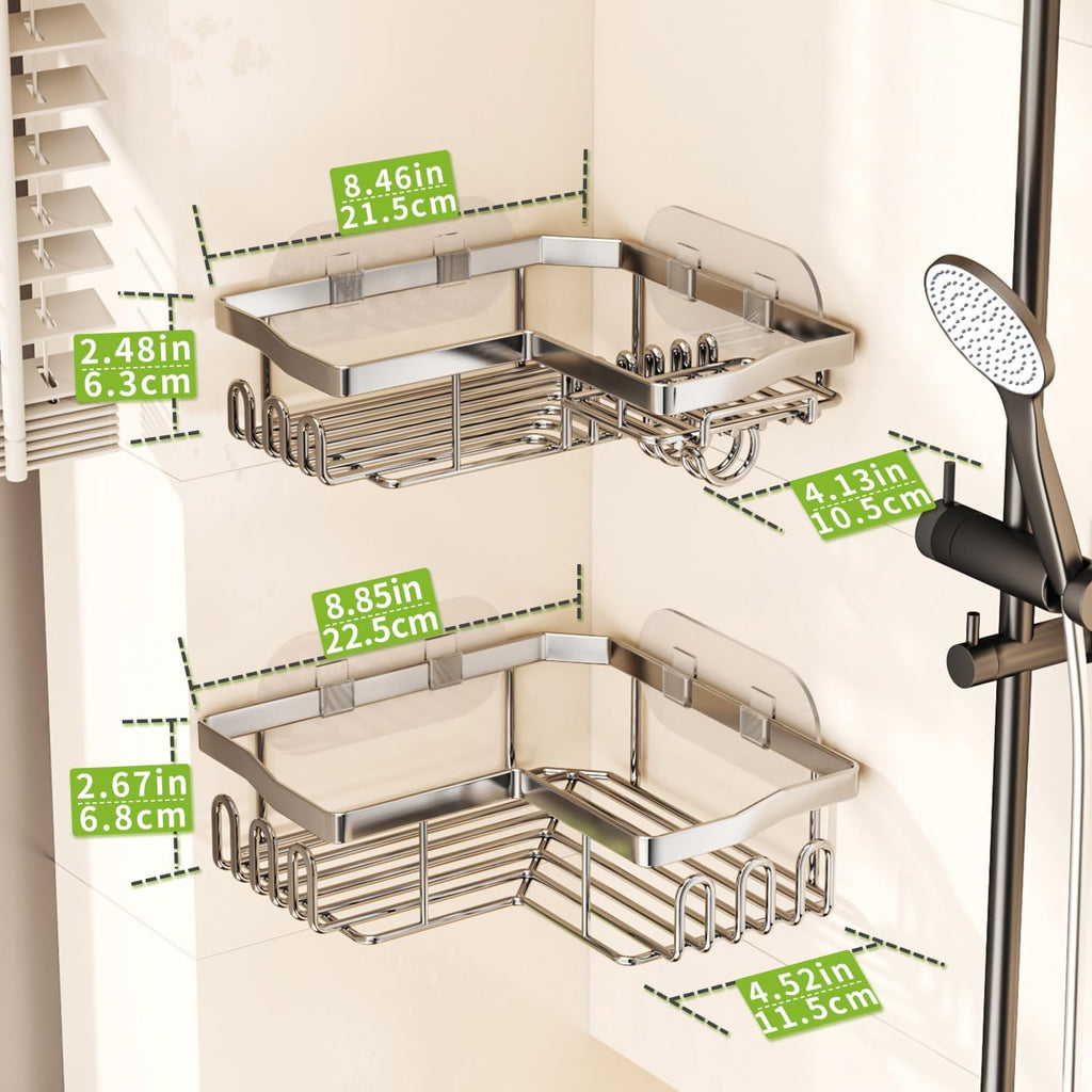 SWTYMIKI Shower Caddy Corner with Soap Holder, 2-Tier Stainless Steel Corner Shower Organizer with 11 Hooks, No Drilling & 6 Strong Adhesives Bathroom Shelf Organizer, Silver - 2 Tier
