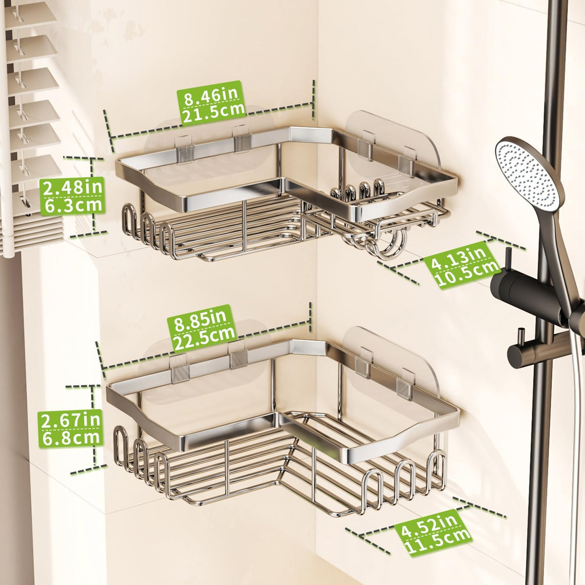 SWTYMIKI Shower Caddy Corner with Soap Holder, 2-Tier Stainless Steel Corner Shower Organizer with 11 Hooks, No Drilling & 6 Strong Adhesives Bathroom Shelf Organizer, Silver - 2 Tier