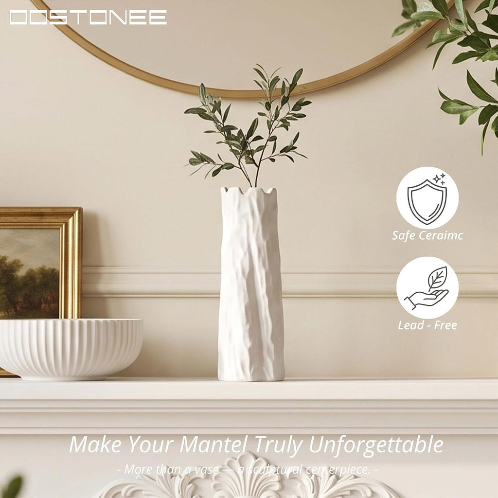 White Unique Vase for Home Decor - Organic Nature Shape for Boho Home Decor, Flower Vase for Modern Farmhouse Living Room, Entryway Table Decor, Bookshelf (10.7 inch