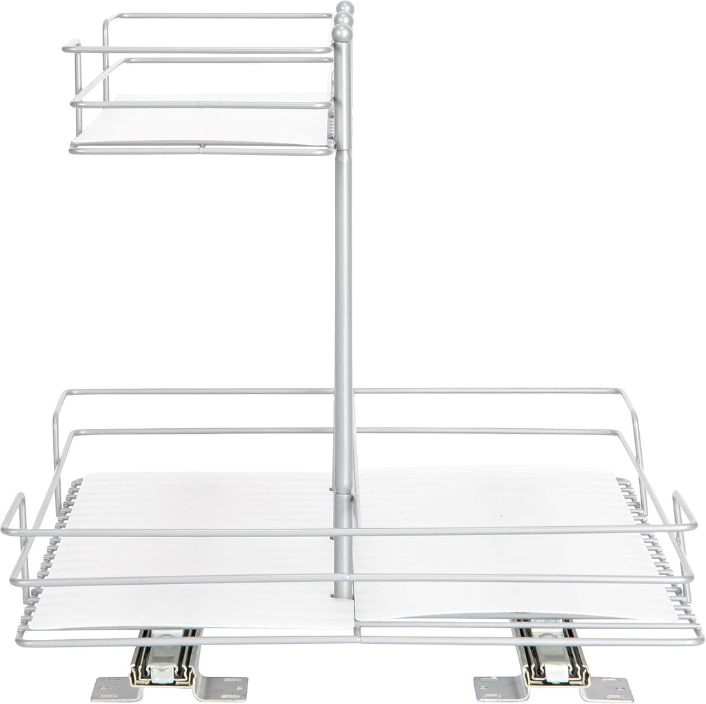 Household Essentials Glidez Steel Pull-Out/Slide-Out Storage Organizer with Plastic Liners for Under Sink or Wire Shelf Use - 2-Tier Design - Fits Standard Size Cabinet or Shelf, Brushed Silver