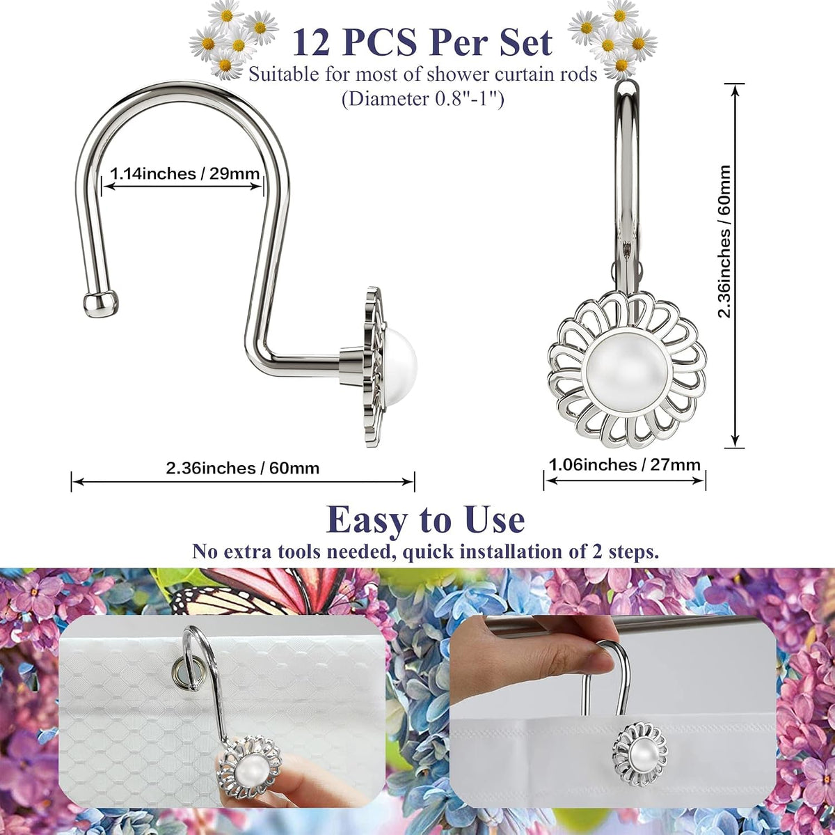 Nickel Shower Curtain Hooks Rings, Decorative Shower Curtain Hangers, Heavy Duty Metal Shower Rings, Sunflower Shower Hooks for Shower Curtain Rod and Liner, Bathroom Curtain Hooks, Set of 12