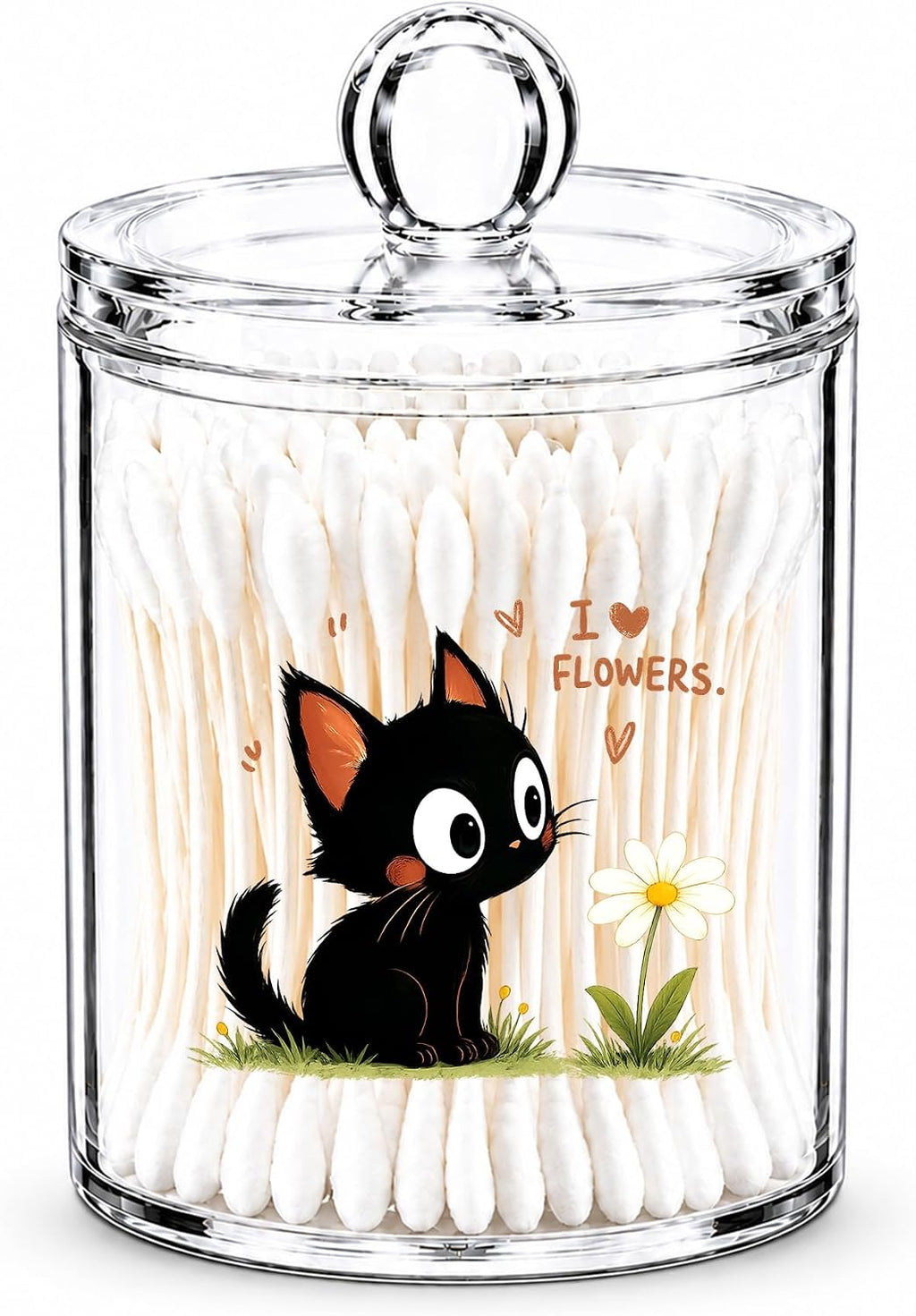 Black Cat Flower Cotton Swab Holder with Lid Clear Acrylic Canister
