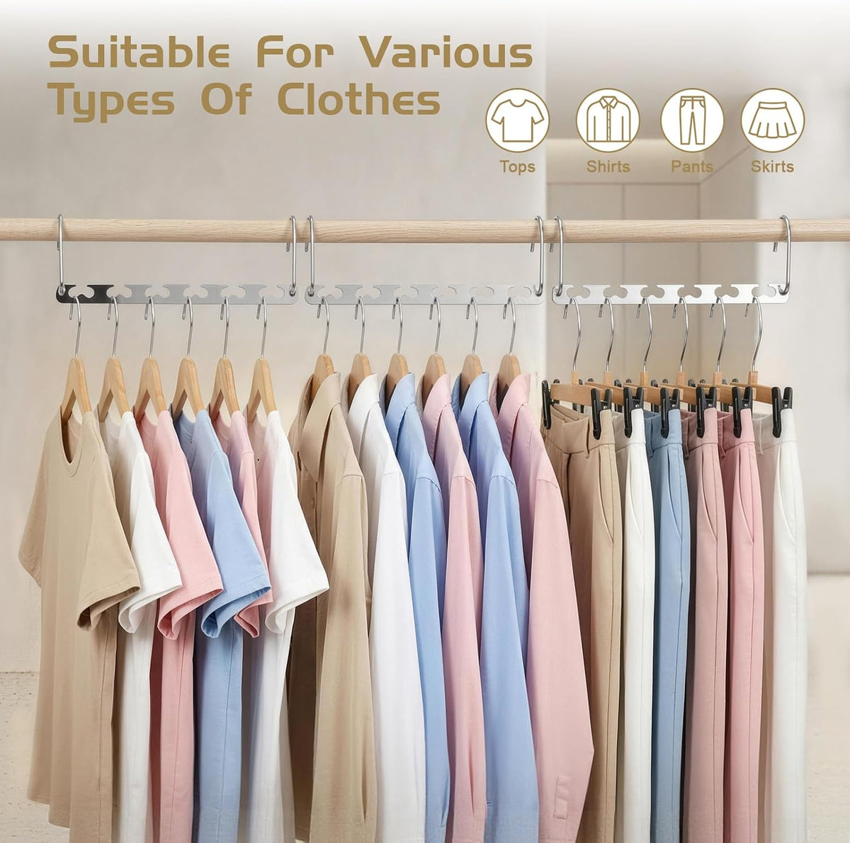 HOUSE DAY 10.5 Inch Closet Space Saving Wardrobe Clothing Magic Hangers Oragnizer Heavy Chrome Hangers, Updated Hook Design Pack of 8