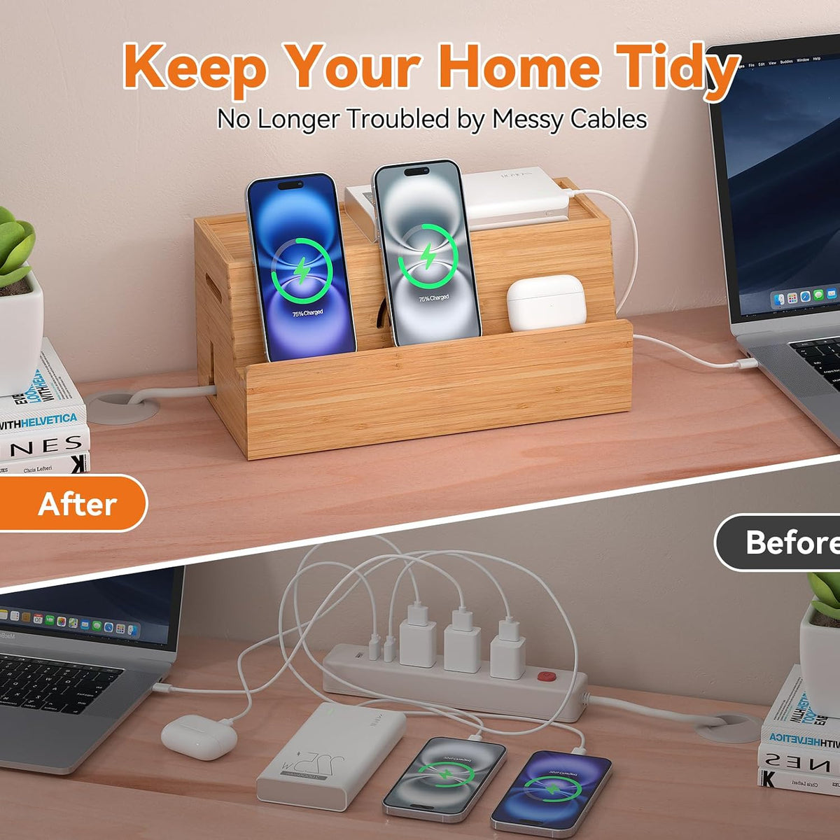 Bamboo Cable Management Box, Natural Color, 31X14X15.5CM