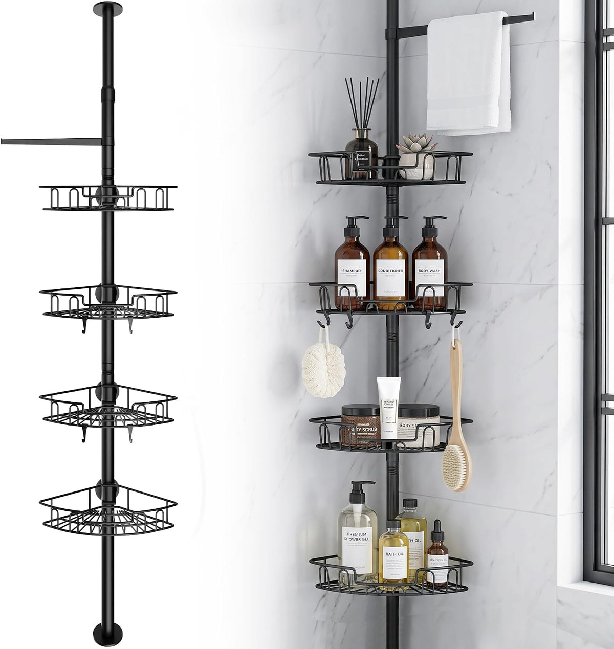 Corner Shower Caddy Tension Pole, Triple Stability 4-Tier Bathroom Rack