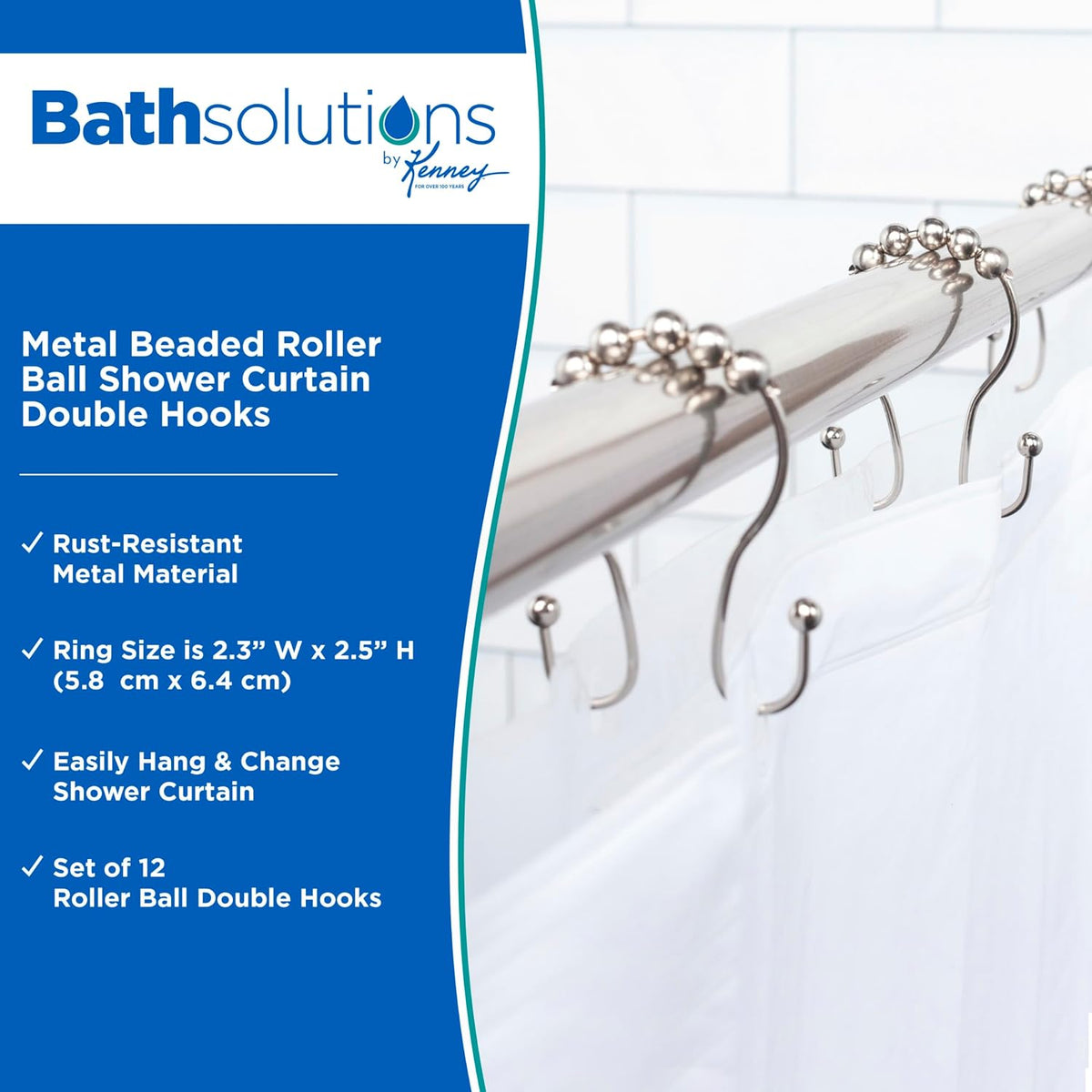 Kenney KN67120 Rust-Resistant Gliding Metal Beaded Shower Curtain Rings with Double Hanging Hooks for Shower Curtain and Standard Shower Curtain Rod, Bathroom Use, Easy to Install, 12-Pack, Nickel
