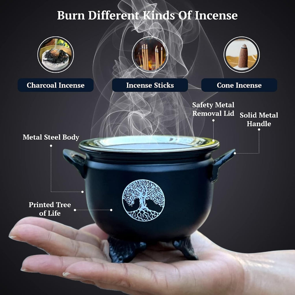 Large Metal Charcoal Incense Burner – Tree of Life Design – Round Incense Holder for Charcoal, Resin, Herbs & Loose Incense