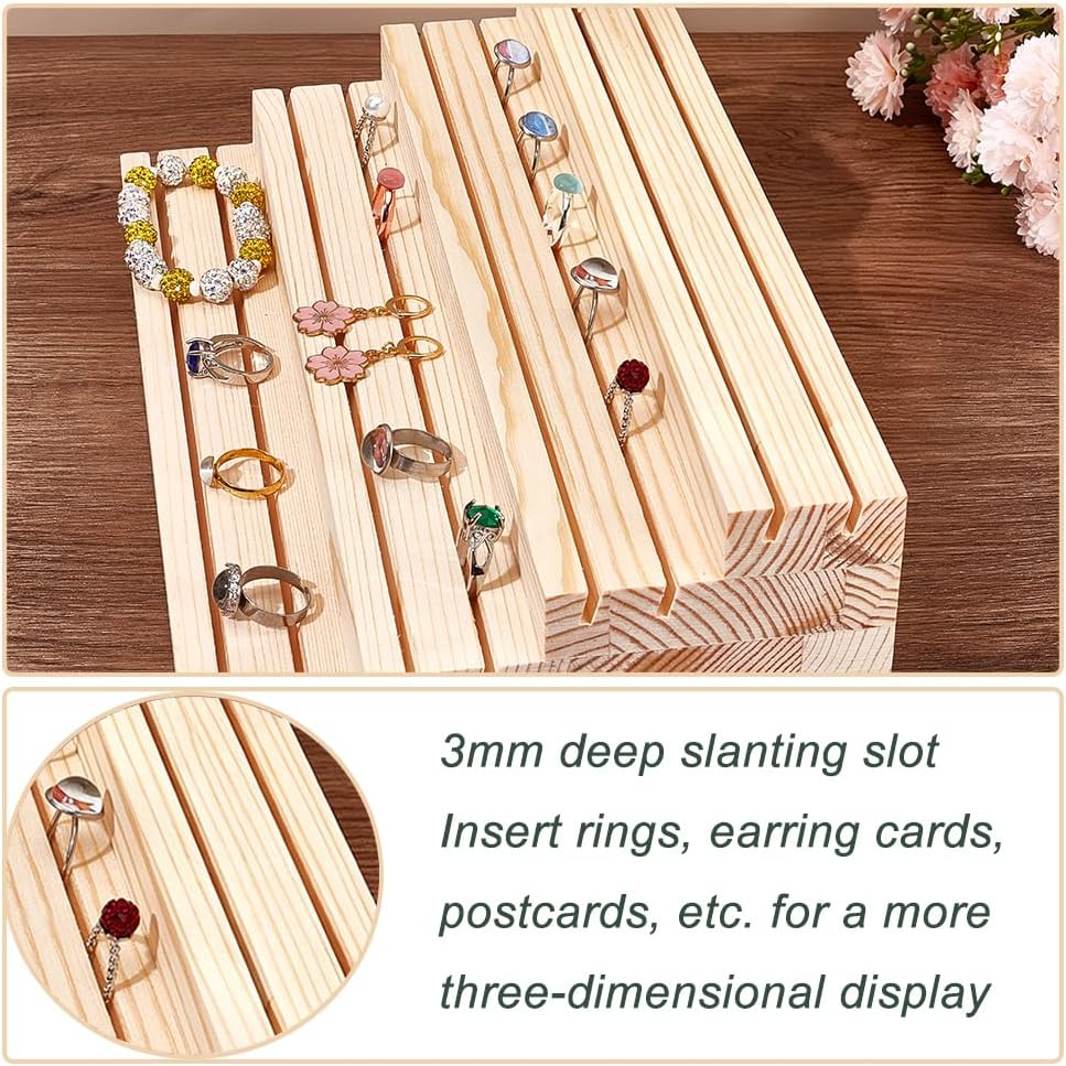 NBEADS 4-Tier Wood Jewelry Display Stand, Wooden Earring Organizer Holder with Grooves Jewelry Showcase Rack for Rings Earring Display Photo Home Decorations