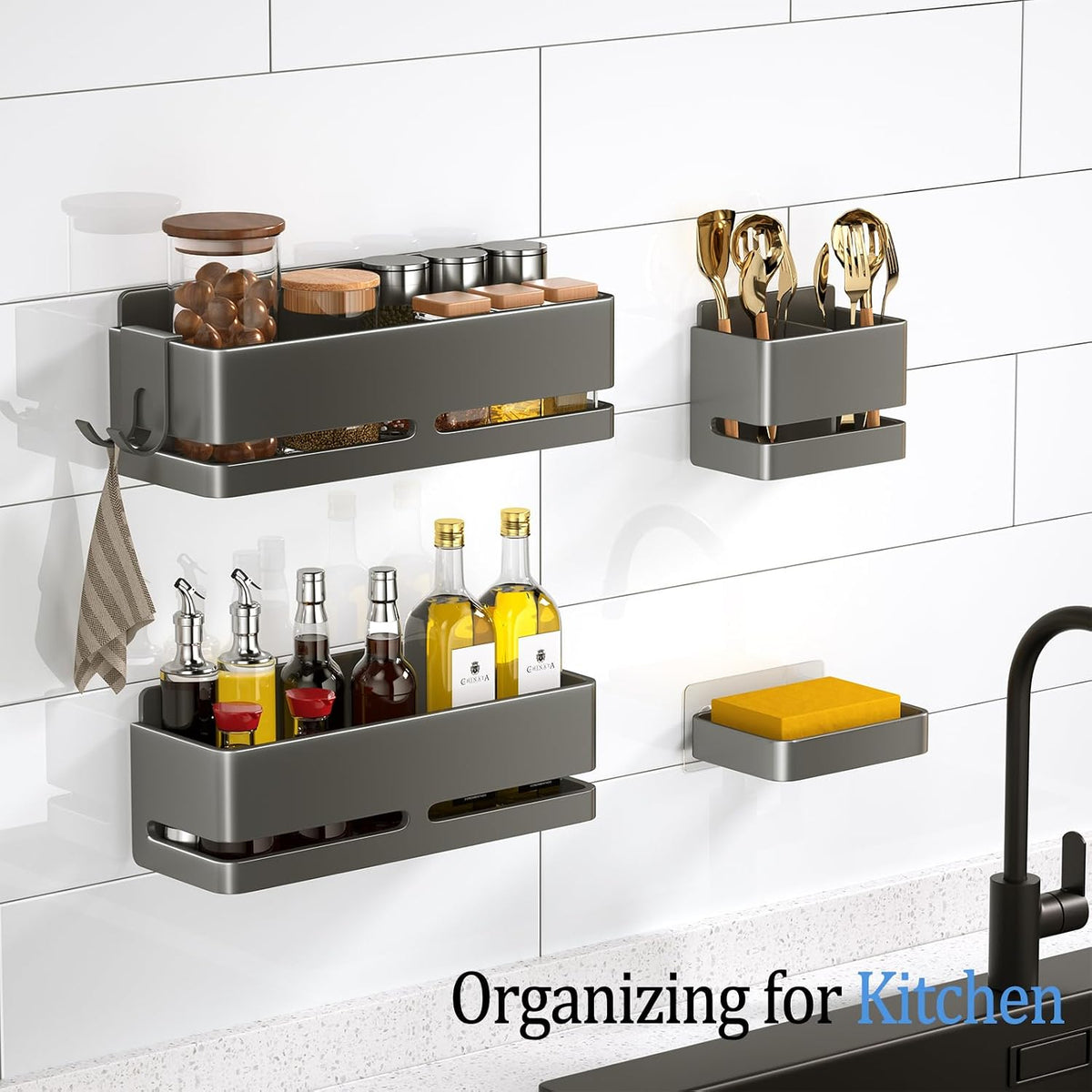 Bathroom Shower Caddy,No Drill Shower Shelves(5-piece Set-Grey)
