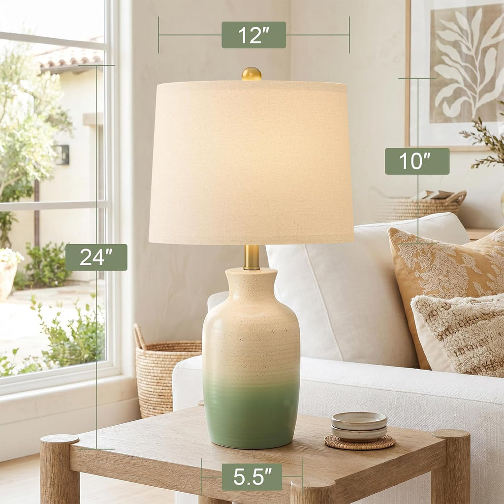 PoKat 24'' Farmhouse Living Room Lamp with Soft Ombre Finish, Modern Hand-Textured Table Lamps for Bedroom, Organic Bedside Lamps for Nightstand Office Guest Room Entryway Gift (Beige and Green)