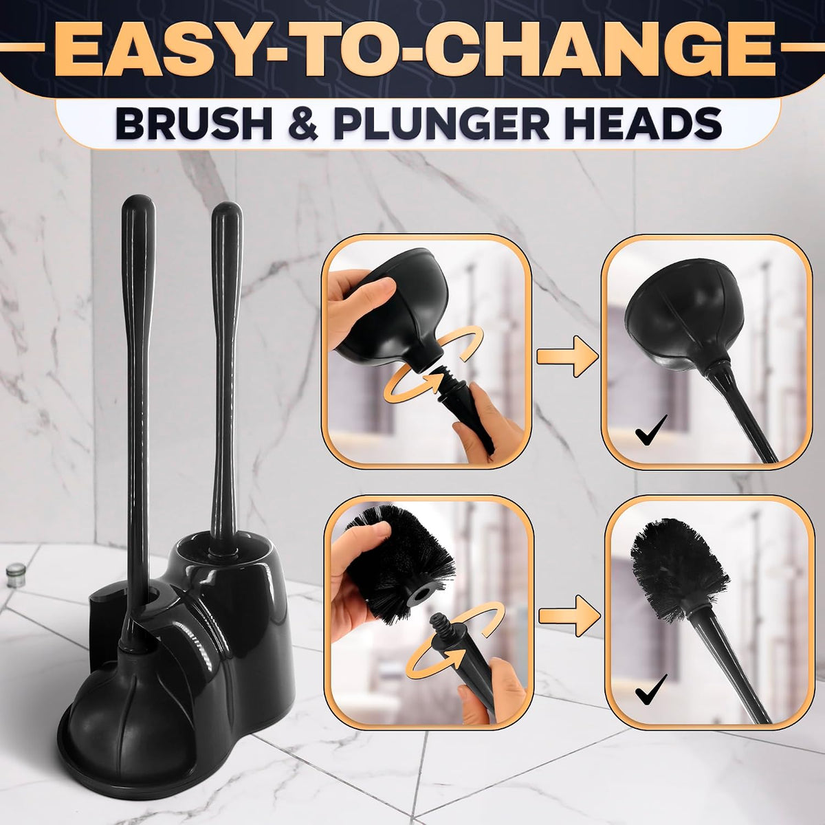 Black Toilet Brush and Plunger Set with Holder, 15.2 Inch (Black)