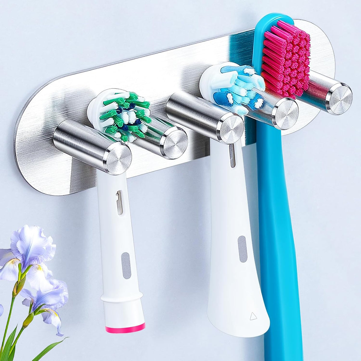 Electric Toothbrush Head Holder, Toothbrush Holders Wall Mounted, Adhesive Tooth Brush Head Holder Organiser, Electric Toothbrushs Holder, Shower Tooth Brushing Holder (Silver, Large)
