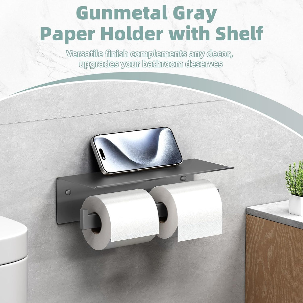 APLusee Double Toilet Paper Holder with Storage Phone Shelf, Gunmetal Gray