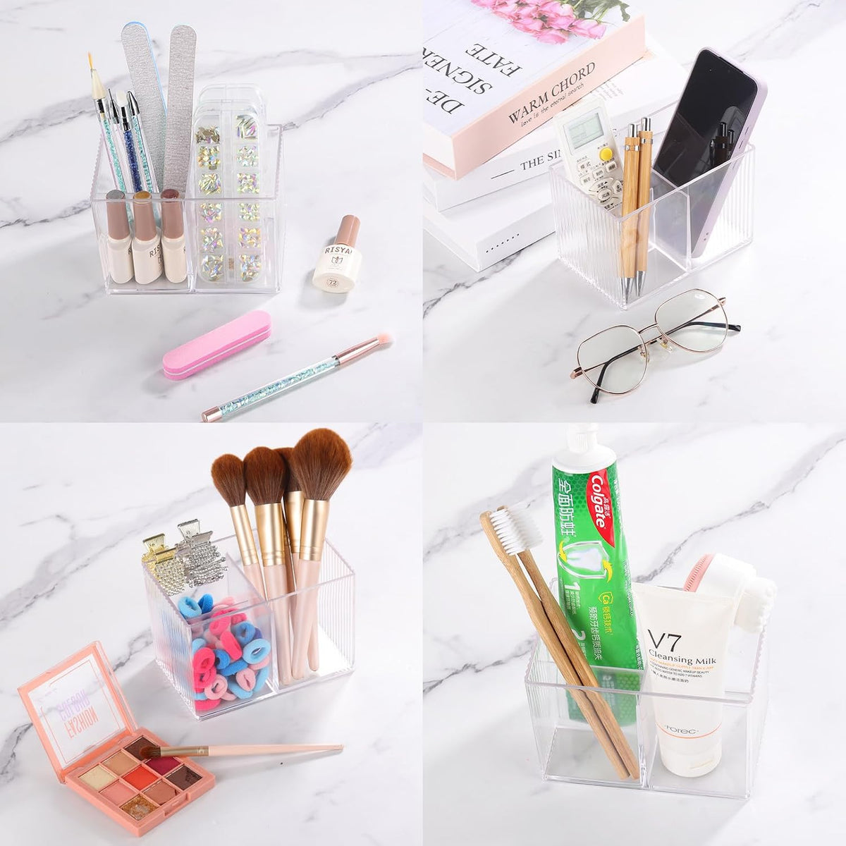 Qtip Holder with Bamboo Lids, 3 Compartments Cotton Ball/Swabs Dispenser, Apothecary Jar Clear Plastic Bathroom Container for Storage and Organizer