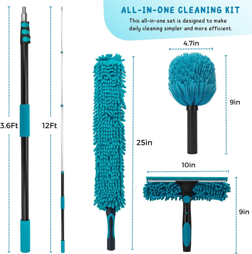 Cobweb Duster with 5-12 Ft Extension Pole, Spider Web Cleaning Brush