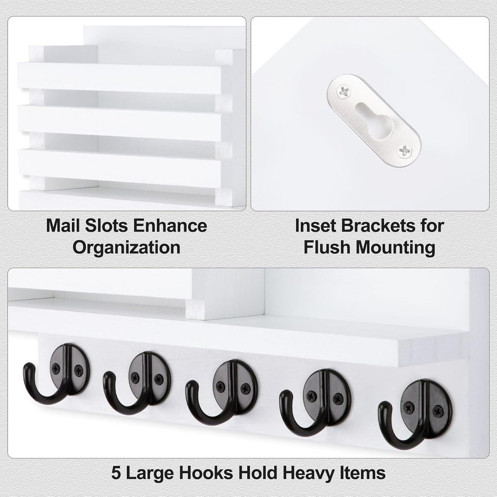 Lwenki Key Holder for Wall – Decorative Wooden Mail Holder and Key Shelf with Mounting Hardware, Installation Guide – Paulownia Wood with Metal Key Hooks (White, Large - 11.8inch)