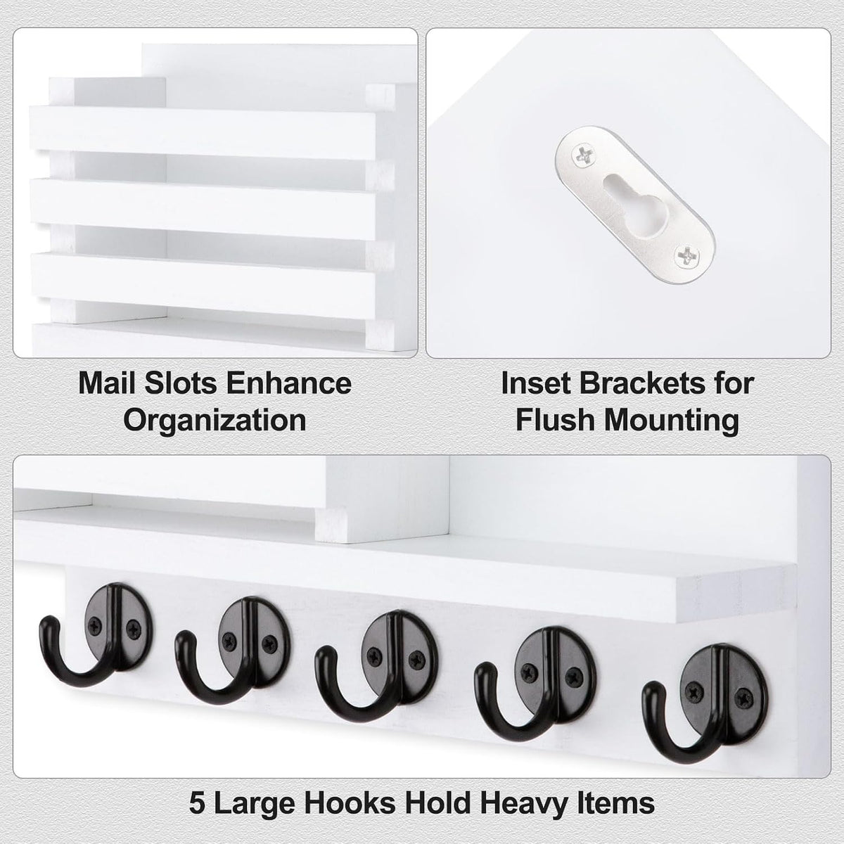 Lwenki Key Holder for Wall – Decorative Wooden Mail Holder and Key Shelf with Mounting Hardware, Installation Guide – Paulownia Wood with Metal Key Hooks (White, Large - 11.8inch)