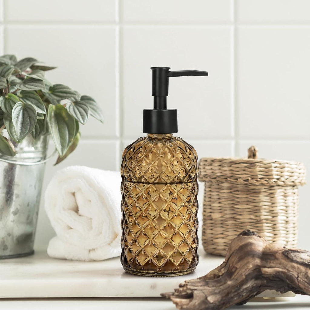 1 Pack 13.5oz Glass Soap Dispenser with Plastic Pump, Diamond Design Refillable Hand Soap Dispenser for Hand Wash, Bathroom and Kitchen (Amber)
