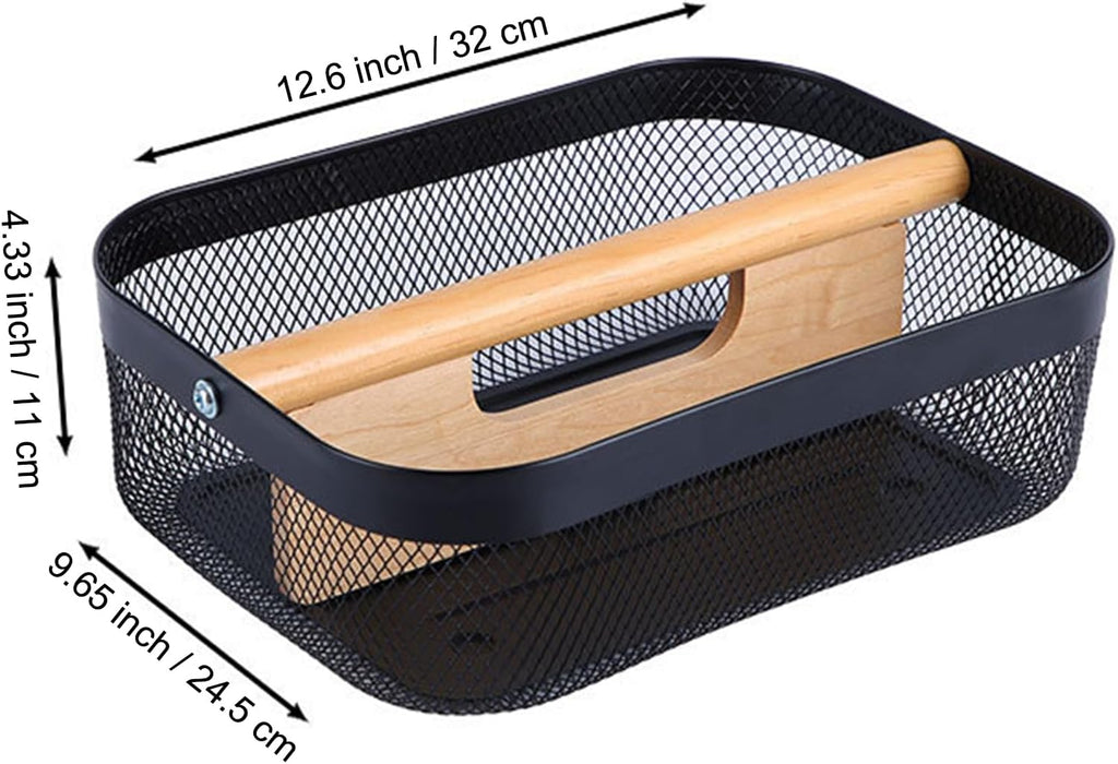 AJIODA Metal Mesh Steel Storage Basket, Garden Harvest Wire Organizer Basket Multi-functional Kitchen Fruit Basket with Wooden Removable Partition & Handle for Bathroom Picnic Decor Cabinet, Black