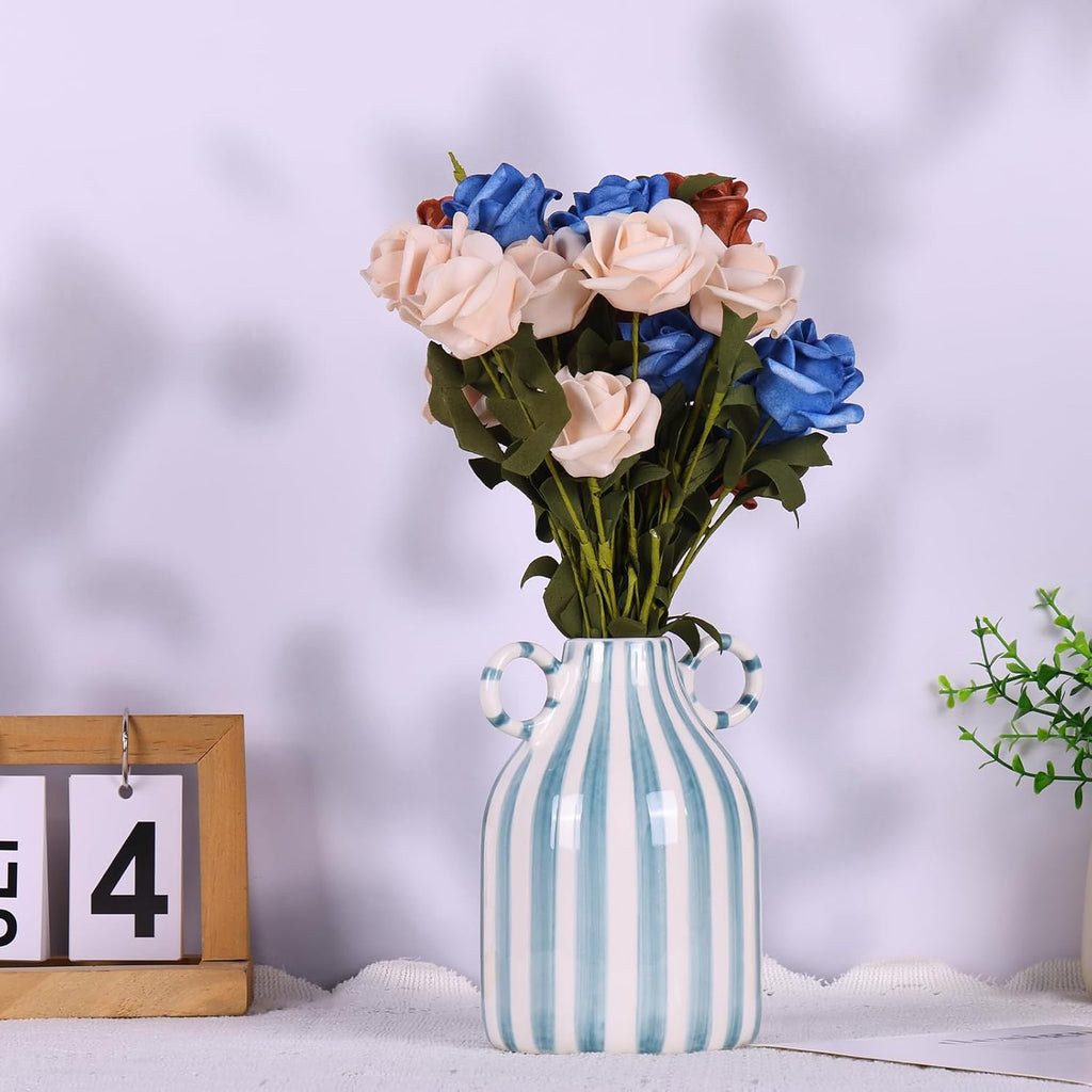 Green and White Ceramic Vase with Handle, Nordic Boho Small Vases Side Table Flower Centerpiece, Wide Mouth Single Flower Vase Pampas Grass Decorative - for Home Window Sill Living Dining Room Kitchen