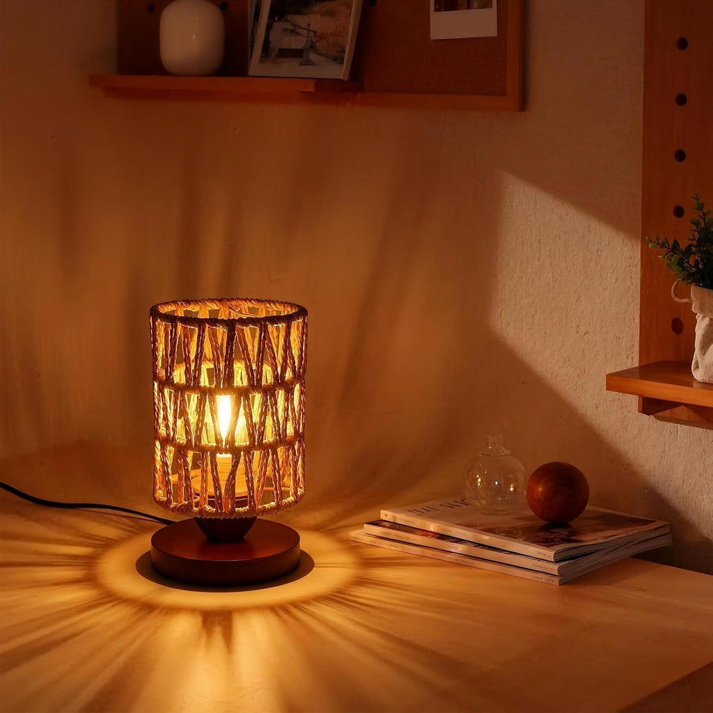 Handmade Rattan Lamp Farmhouse Table Lamp for Bedroom, Stepless Dimming Rustic Woven Lamps for Night Stands with Warm White LED Bulb, Boho-Inspired Boho Lamps for Living Room Kitchen Nook