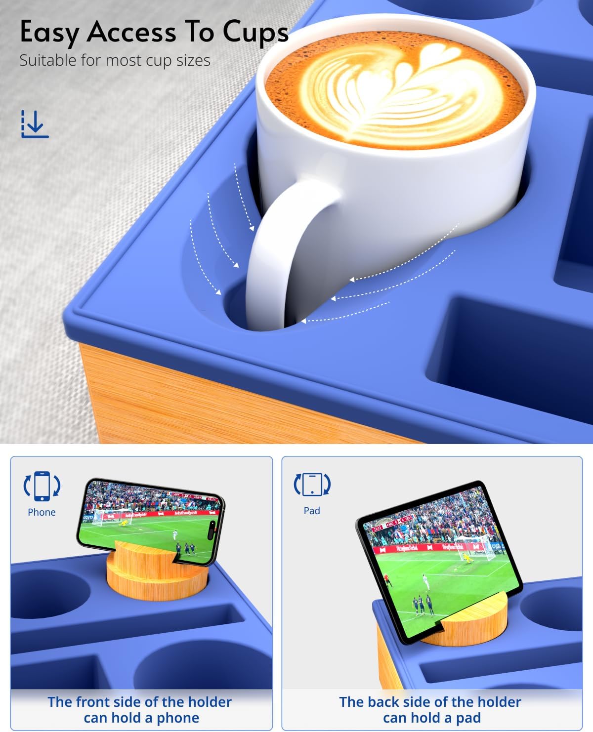 Couch Cup Holder Tray - Couch Organizer Caddy, Silicone Beach Caddy with Cup Holder, Sofa and Bed Drink Holder and Couch Tray Table for Snacks Beverage Remote (Blue)