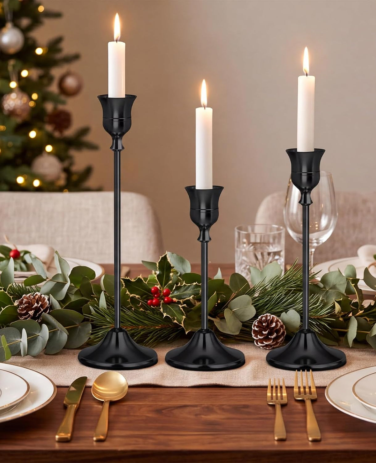 Black Candlestick Holders Set of 3 Weighted Stable Base