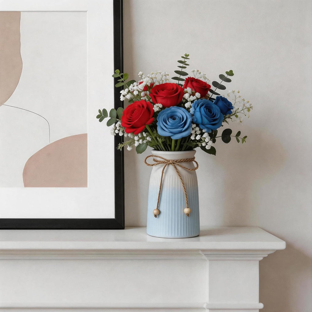 Small Ceramic Vase for Home Decor, 6" Farmhouse Ribbed Vase with Twine Bow, Blue Decorative Flower Vase for Pampas Grass, Rustic Boho Vase for Table, Shelf, Living Room, Office