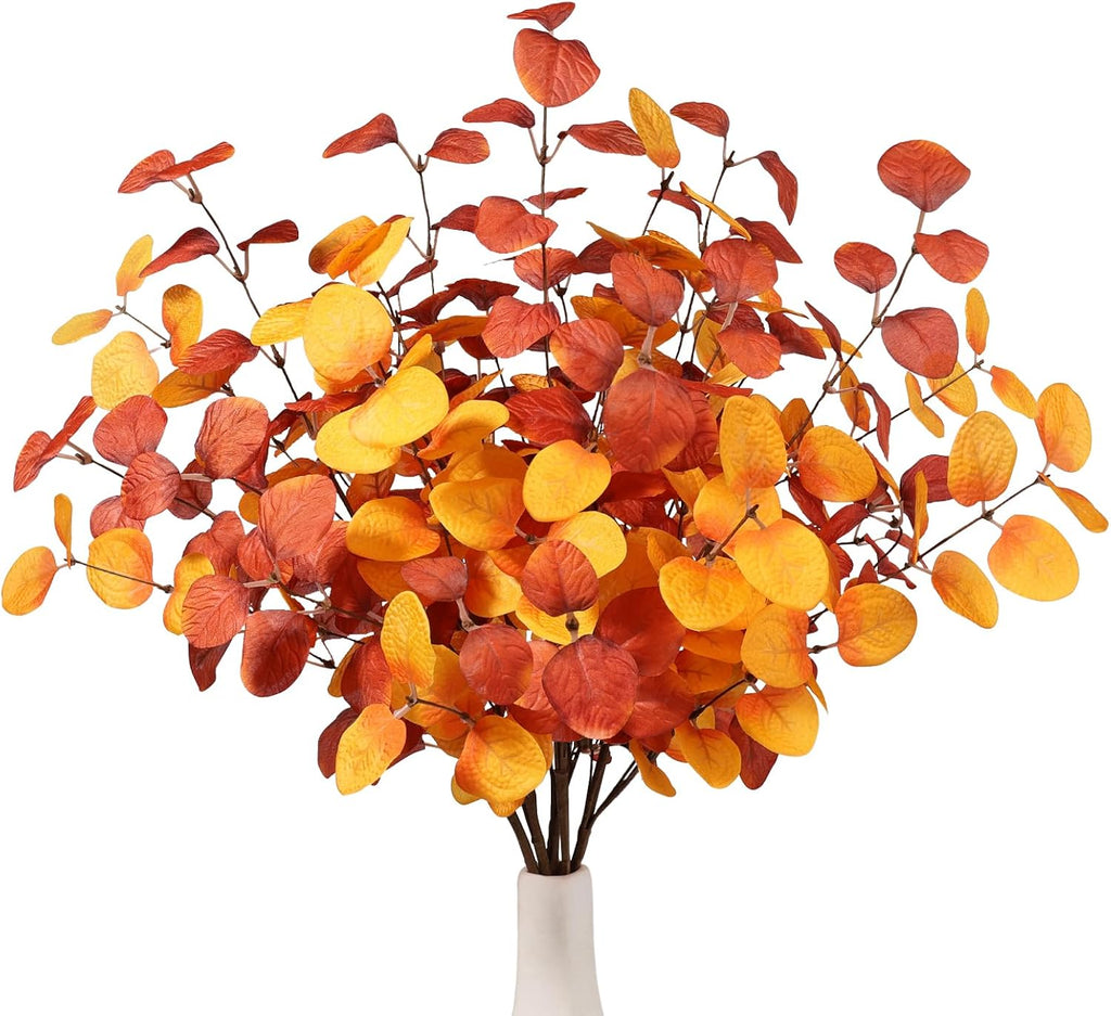 Beferr Fall Eucalyptus Stems Decor, 5Pcs 23" Artificial Eucalyptus Branches Autumn Leaves Fake Plants Floral Arrangements Thanksgiving Farmhouse Home Table Decorations