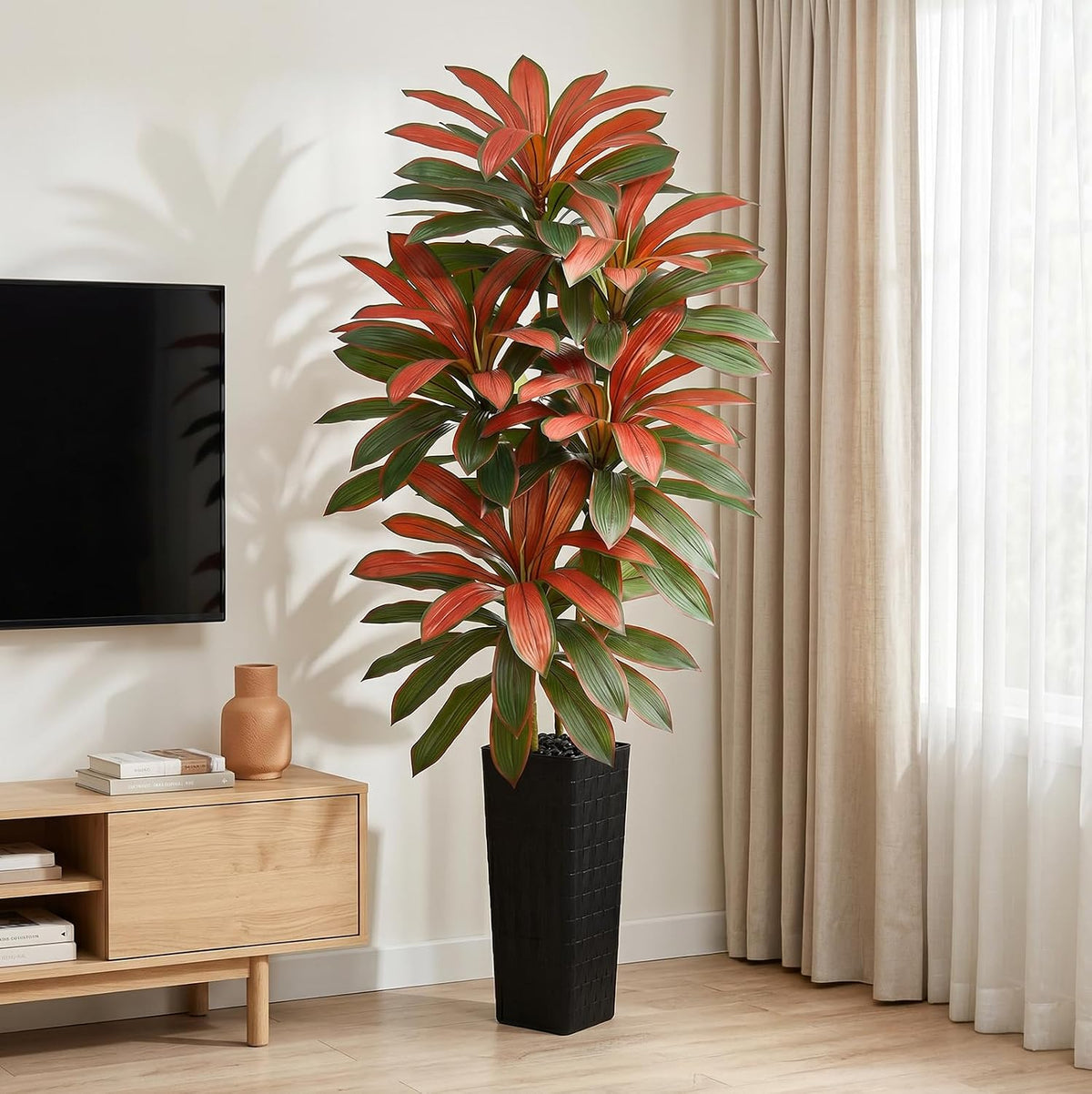 Artificial Red Dracaena Tree 7FT - Fake Tree with Black Tall Planter