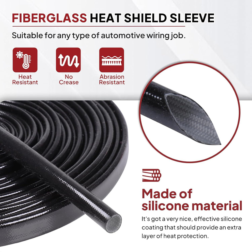 Silicone Fiberglass Sleeve Heat Shield Wire Protective High Temperature Electrical Insulation Self-extinguishing Black (9/16"-9ft)