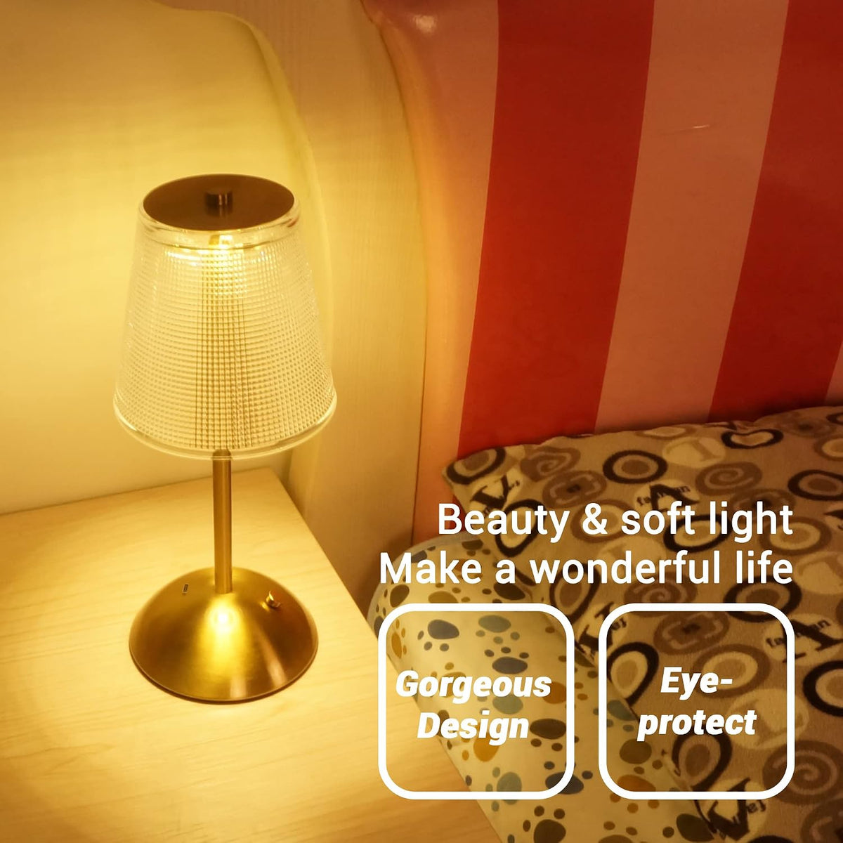 Cordless Rechargeable Metal Table Lamp, Cube Shade, Gold