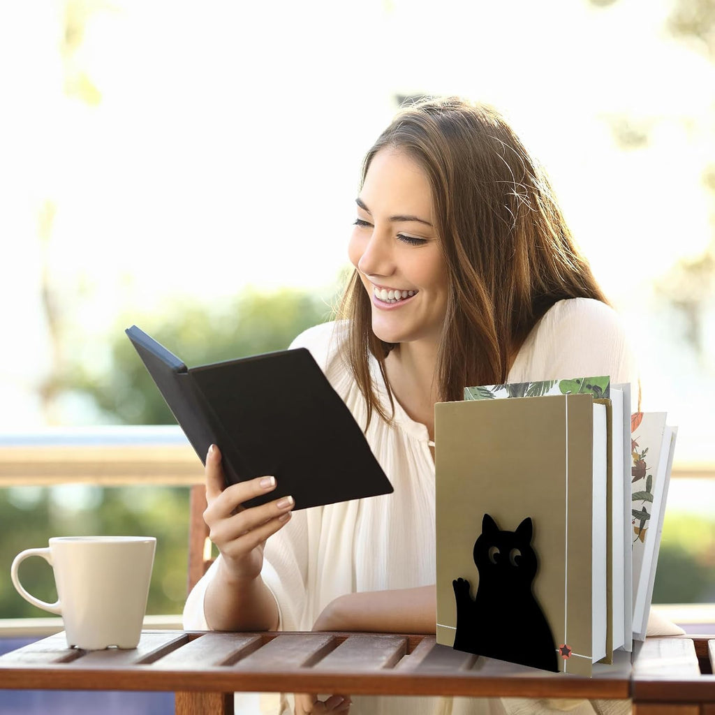 Cute Black Cat Bookends Metal Cat Book Ends Kids Bookends Office Journal Holder Library Decoration Bookshelf Book Organizer for Christmas Birthday Back to School Student Gift (Black Raise Hand)