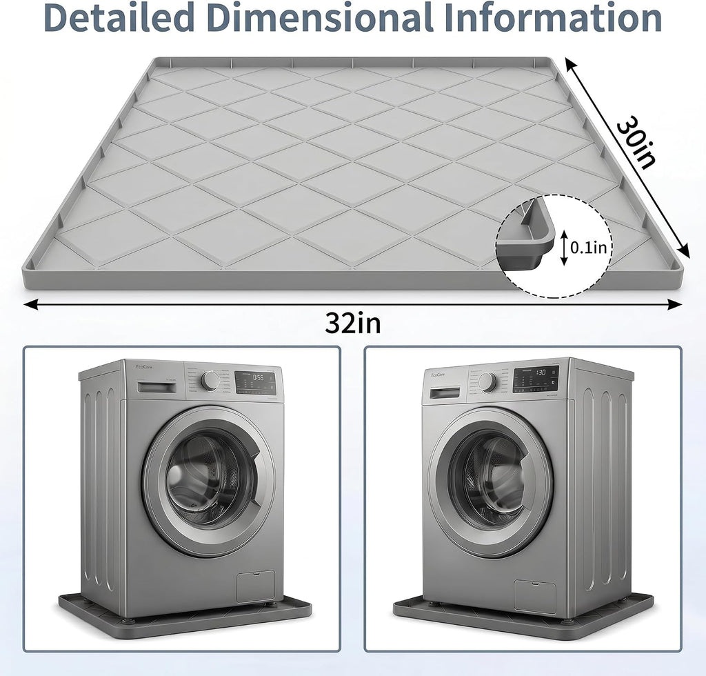 Washing Machine Drain Pan Silicone Mat, 32"x30" 1" Raised Edges Non-Slip Waterproof Washer Drip Tray for Under Washer & Dryer,Anti-Vibration Floor Protector for Refrigerator,Water Dispenser
