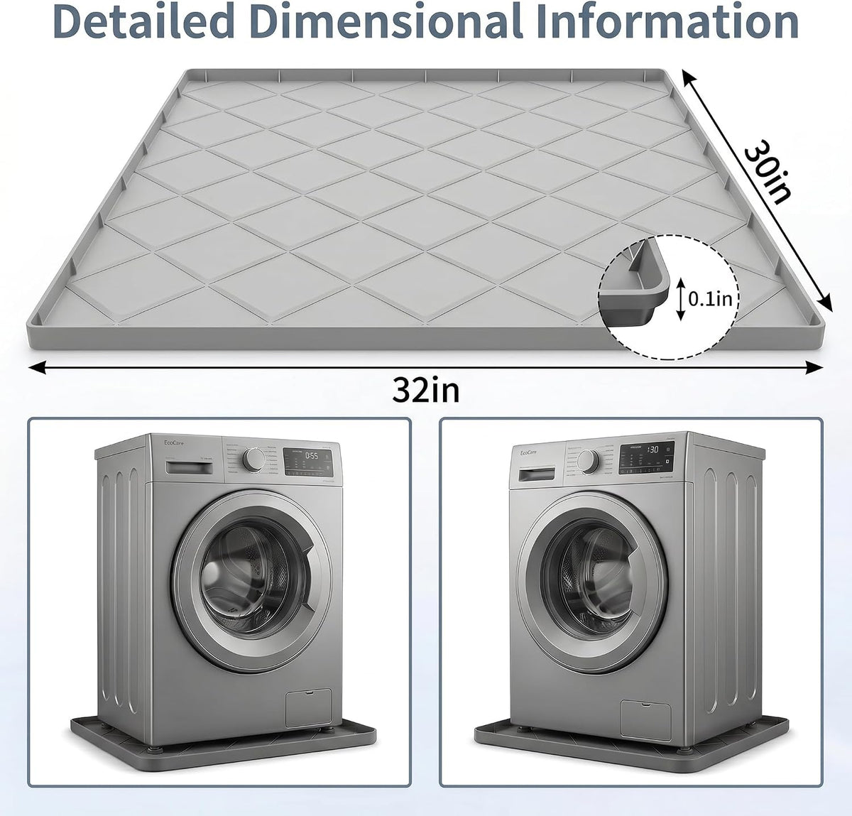 Washing Machine Drain Pan Silicone Mat, 32"x30" 1" Raised Edges Non-Slip Waterproof Washer Drip Tray for Under Washer & Dryer,Anti-Vibration Floor Protector for Refrigerator,Water Dispenser
