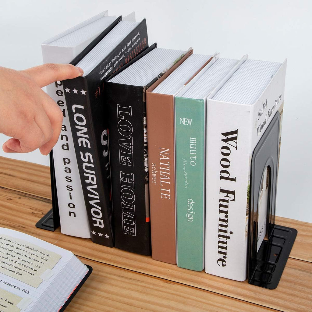 Metal Bookends 20 Pack Black Heavy Duty Nonskid Supports 6.6in | Black Metal, 10 Pairs, Plain L-Shape Design, Nonskid Supports, for Heavy Books Home Office School and Library Shelves