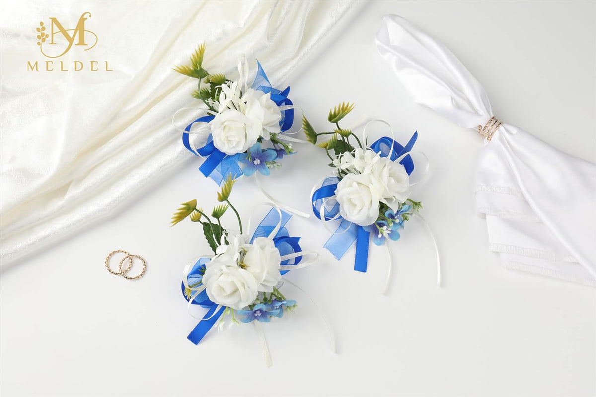 6Pcs White and Blue Artificial Rose Wrist Corsages for Wedding Prom