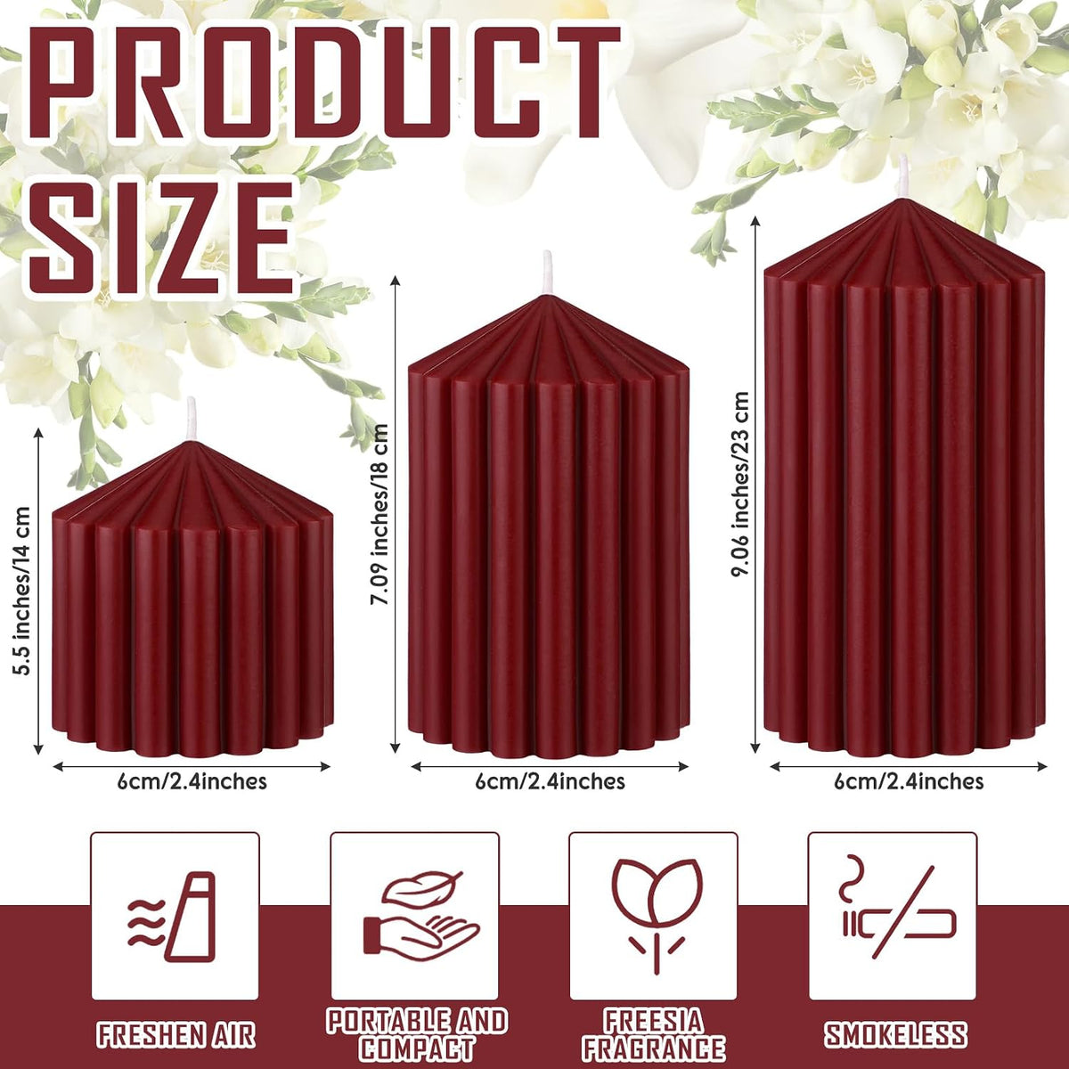 Set of 3 Christmas Ribbed Pillar Candles Soy Wax, 3 Heights, Dark Red