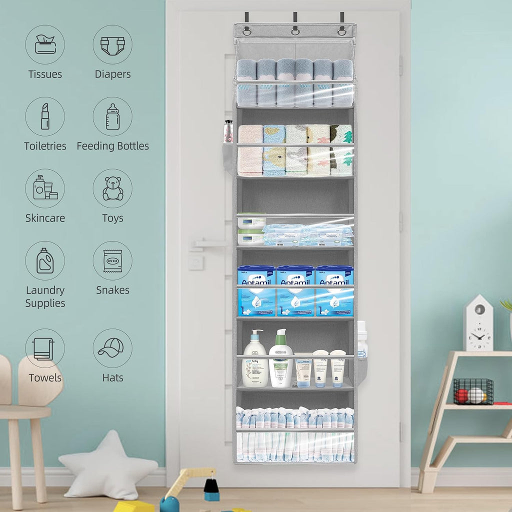 Over Door Organizer with 6 Extra Large Pockets 12 Side Pockets, Sturdy Closet Storage Rack, Hanging Storage Organizer with Clear Window for Shoes, Diaper, Bedroom, Bathroom, Grey, 4-Pack