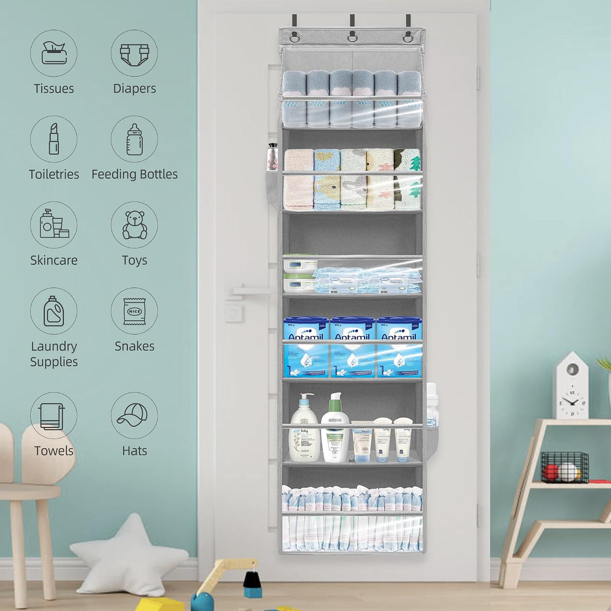 Over Door Organizer with 6 Extra Large Pockets 12 Side Pockets, Sturdy Closet Storage Rack, Hanging Storage Organizer with Clear Window for Shoes, Diaper, Bedroom, Bathroom, Grey, 4-Pack
