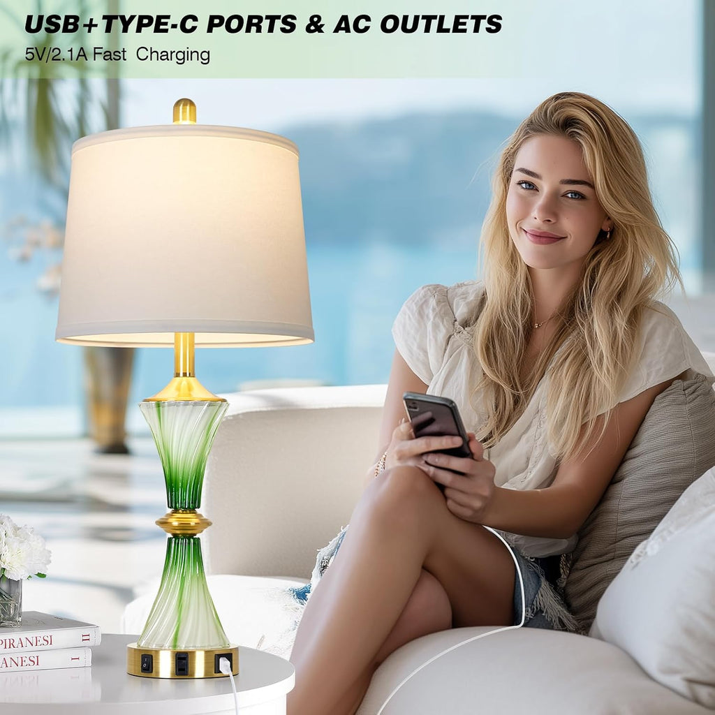 Rinweey Green Glass Table Lamp Set of 2 with USB C+A Ports & AC Outlet, Bedside Lamp, Modern Bedroom Lamps, Coastal Lamp for Night Stands Bedroom Living Room,Nightstand Lamp LED Bulbs Included