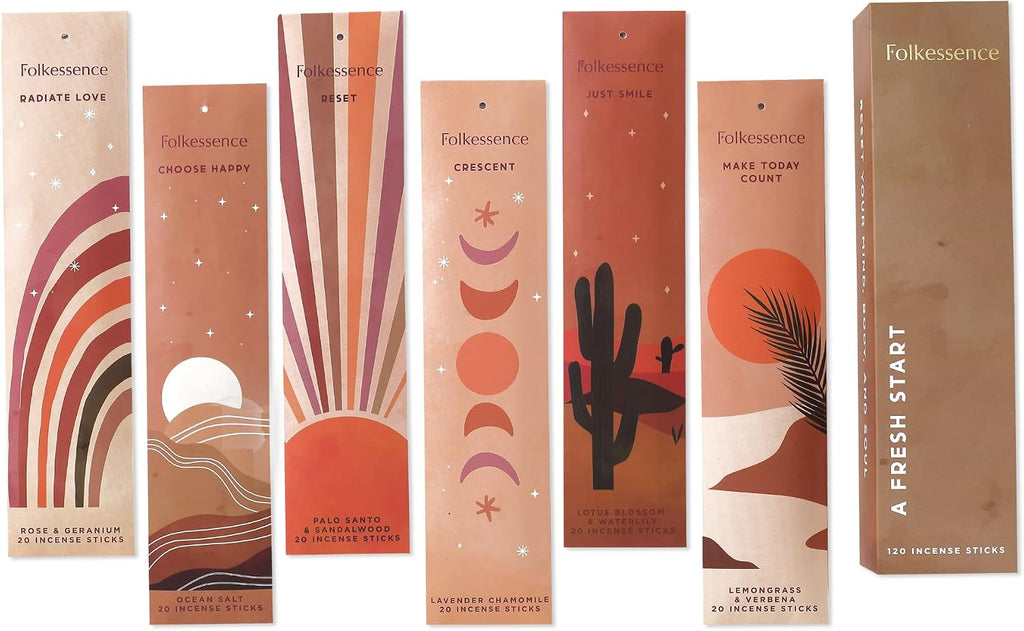 Folkulture Incense Sticks - Pack of 6 Insenses - 120 Sticks - Folkulture Incense Cones Scented, Set of 6 Inscents-Cones (120 Cones) with Incense Cones Holder for Relaxation (Fresh Start)
