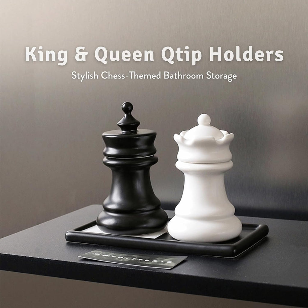 Ceramic Chess Qtip Holder Set, King & Queen Storage Jars