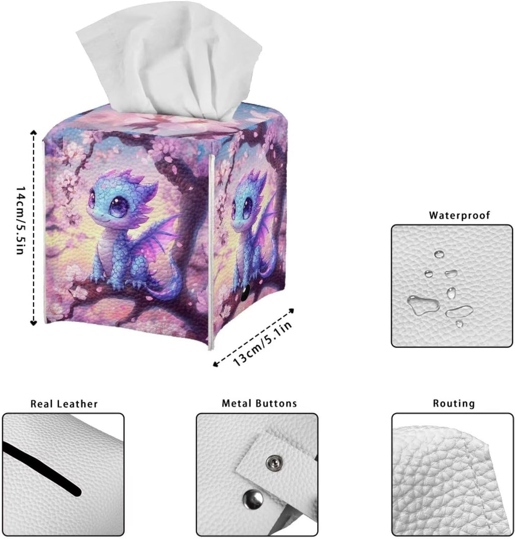 Dragon Cherry Blossom Tissue Box Cover 5.1x5.1x5.1'' Tissue Holder Napkin Dispenser for Home Office Car, Pu Leather Square Napkin Facial Paper Holder Organizer