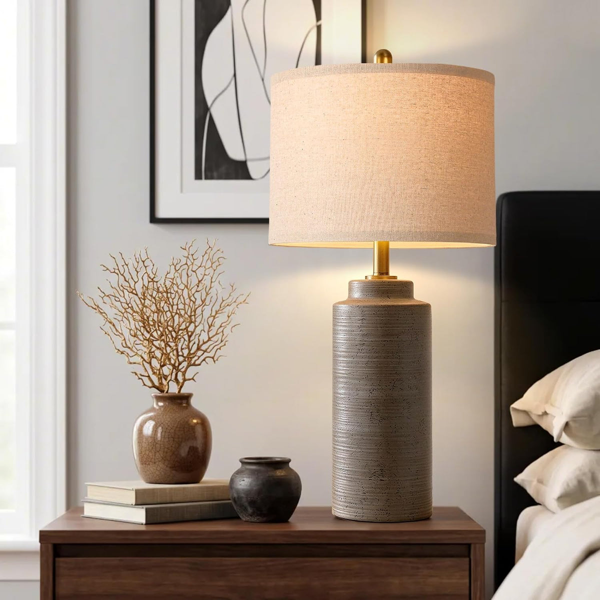 PARTPHONER 27" Vintage Ceramic Table Lamp Set of 2, Rustic Farmhouse Bedside Lamps with Ribbed Textured Finish, Greyish Brown Earth Tone Nightstand Lamps for Living Room Bedroom End Tables Home Decor