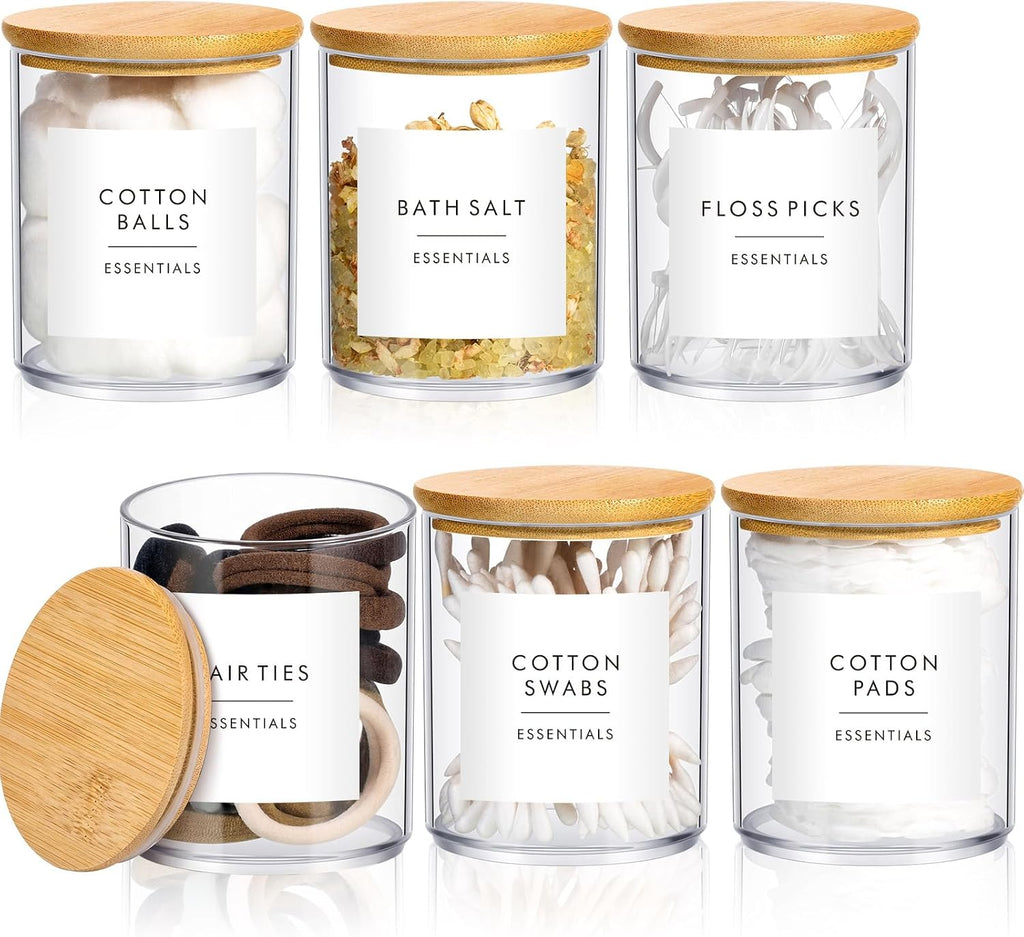 Yaomiao 6 Pack Bathroom Organizers, 10 oz Clear Jars with Lids, Wood Color