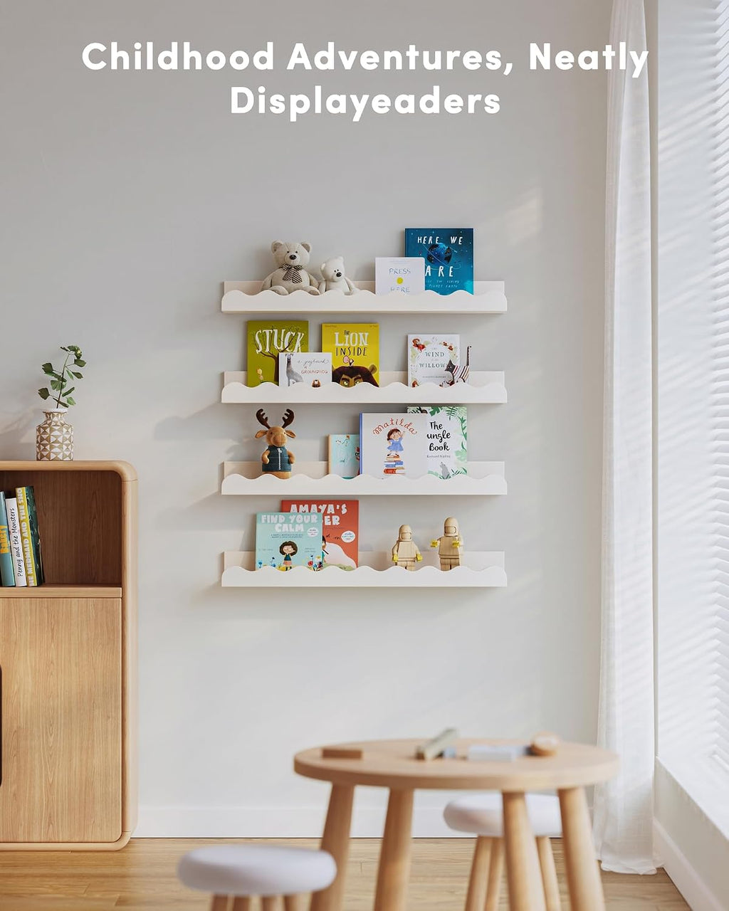 Seocry Kids' Bookshelf Set of 4 - White Floating Nursery Book Shelves, Picture Ledge Shelf for Wall Decor and Storage - Perfect for Books, Toys, Photo Frames, and Nursery Décor