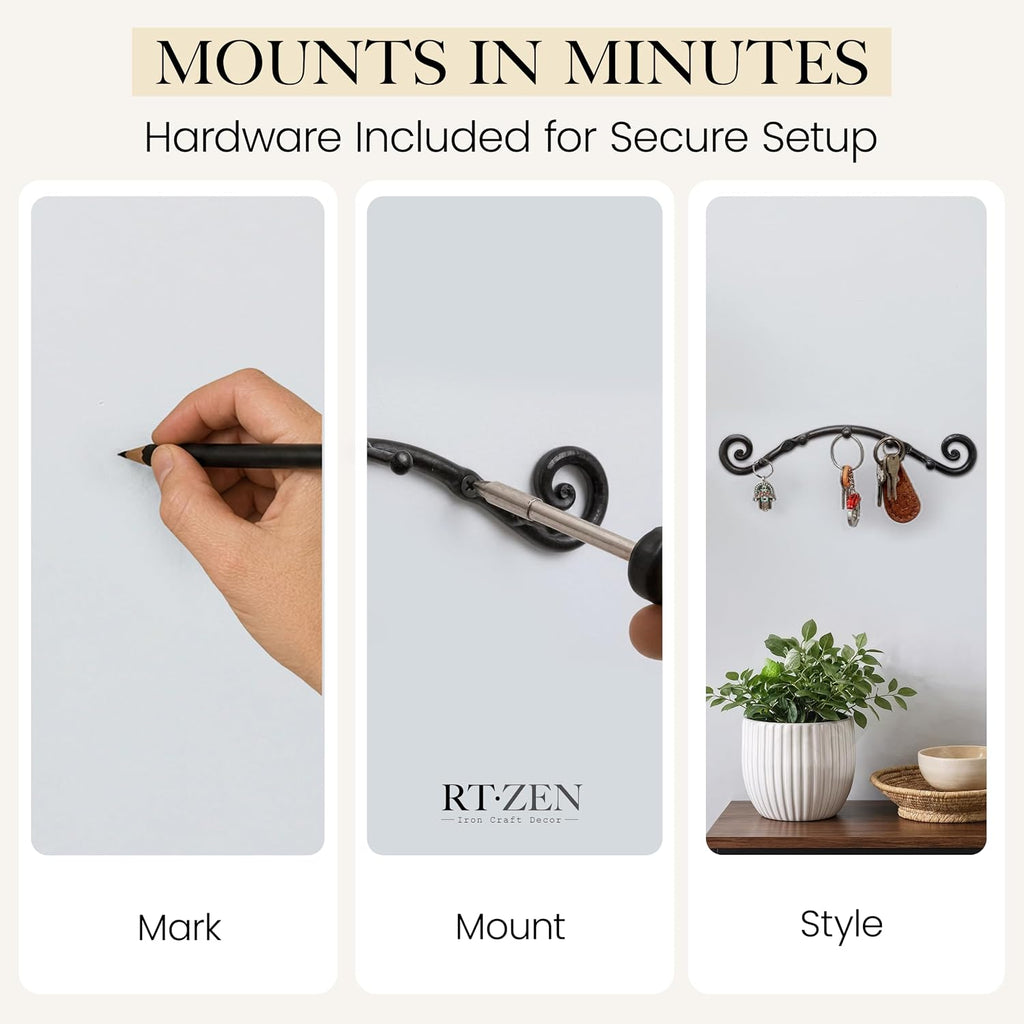 RTZEN Farmhouse Small Key Holder for Wall, Wrought Iron Wall Mount Rack