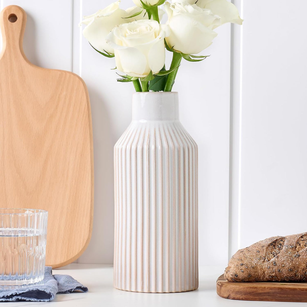 STHIE 8 Inches Ceramic Flower Vase, White Vases for Centerpieces