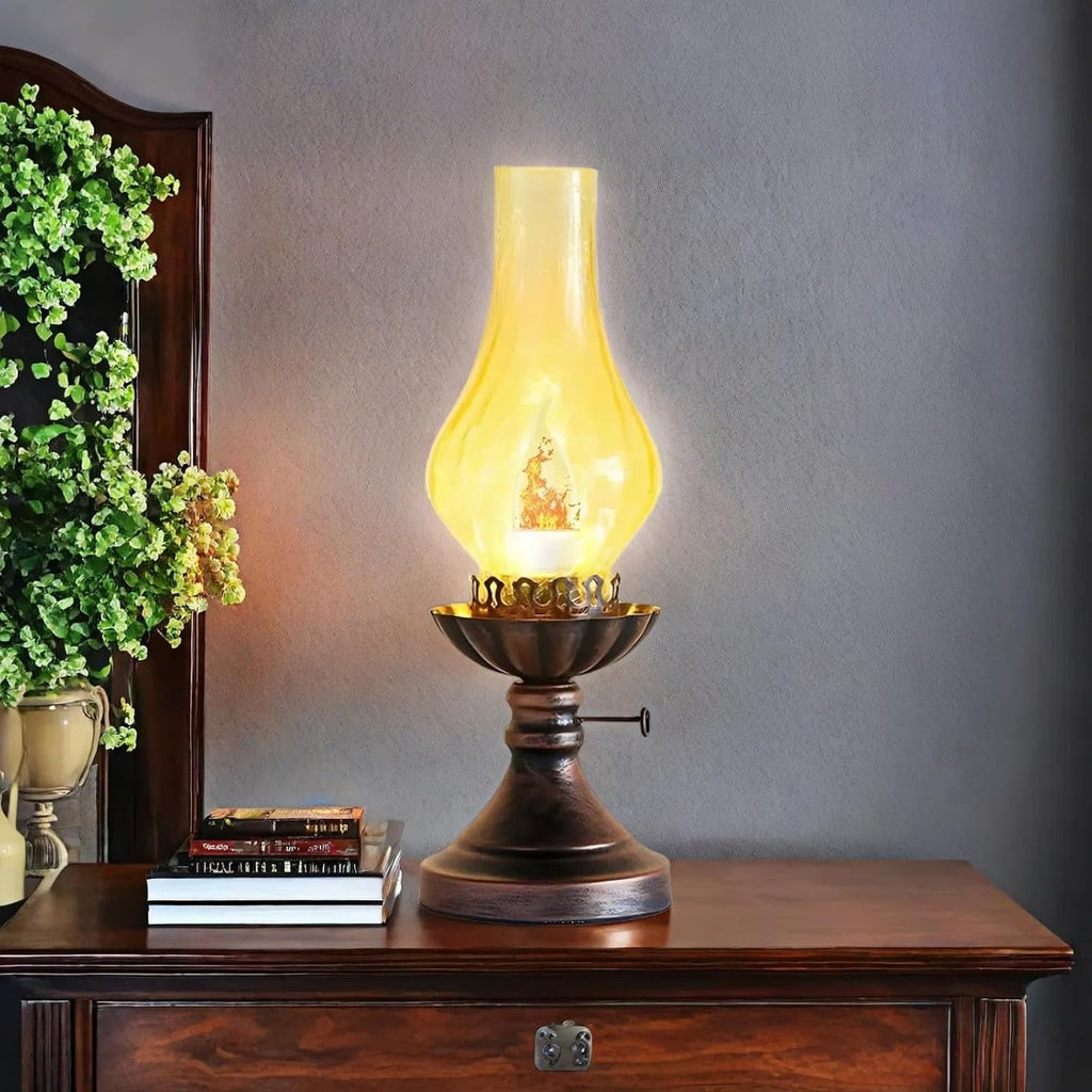 Vintage Table Lamp - 3 - Mode Dimmable Retro Rustic Desk Lamp with Crackle Glass Shade, Antique Victorian Western Style, E26 Bulb Included, Ideal for Bedroom, Living Room, Home Decor (Yellow Glass)